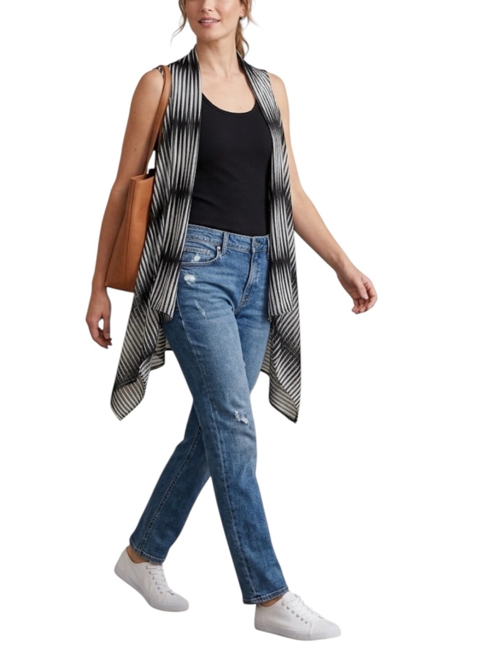 Black White Geometric Stripe Draped Open Front Vest Layering Piece